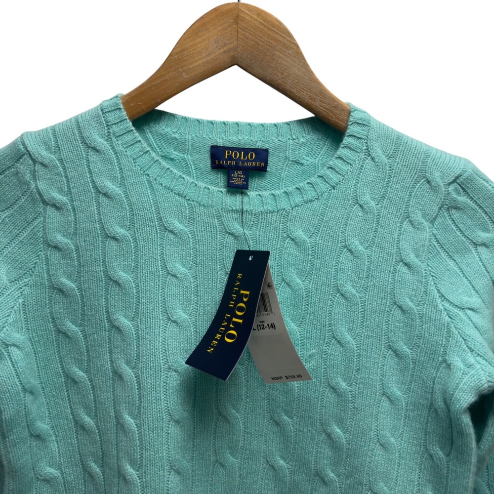 Polo Ralph Lauren NEW $250 Girls Large 12-14 Green Cashmere Cable Knit Sweater